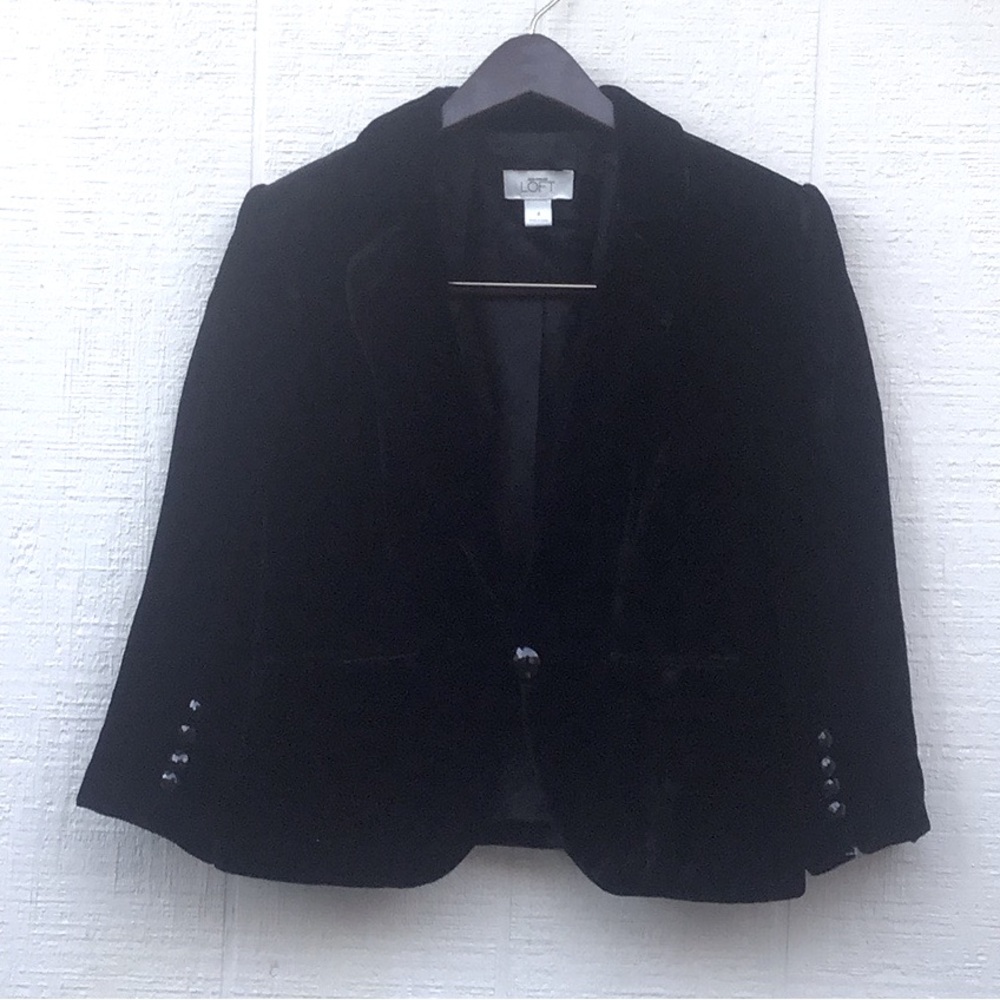 velvet silk blend black jewel button shoulder pads Ann Taylor Loft blazer jacket